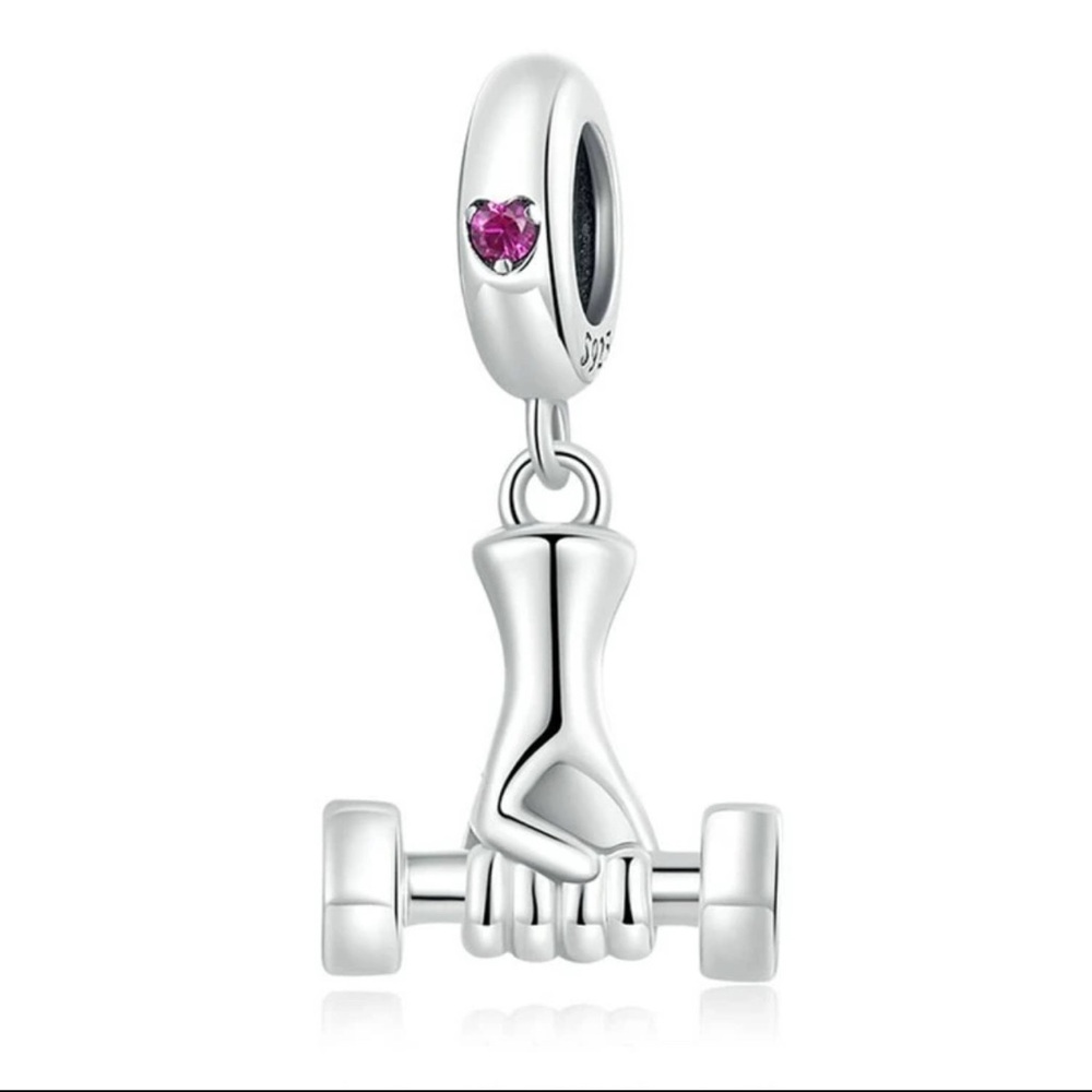 925 Sterling Silver Dumbbell Charm with Pink Accent
